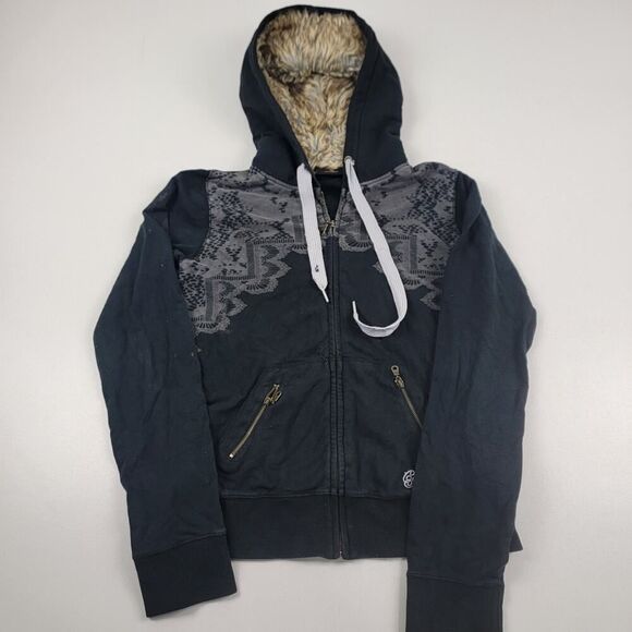 Vintage Y2K Christian Audiger Zip Distressed Faux Fur Lined Hoodie Women's Small - Picture 1 of 12